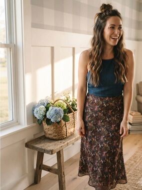 Jungle Animal Print LOFT Brown Floral Midi Skirt with Pink and Cream Accents XL